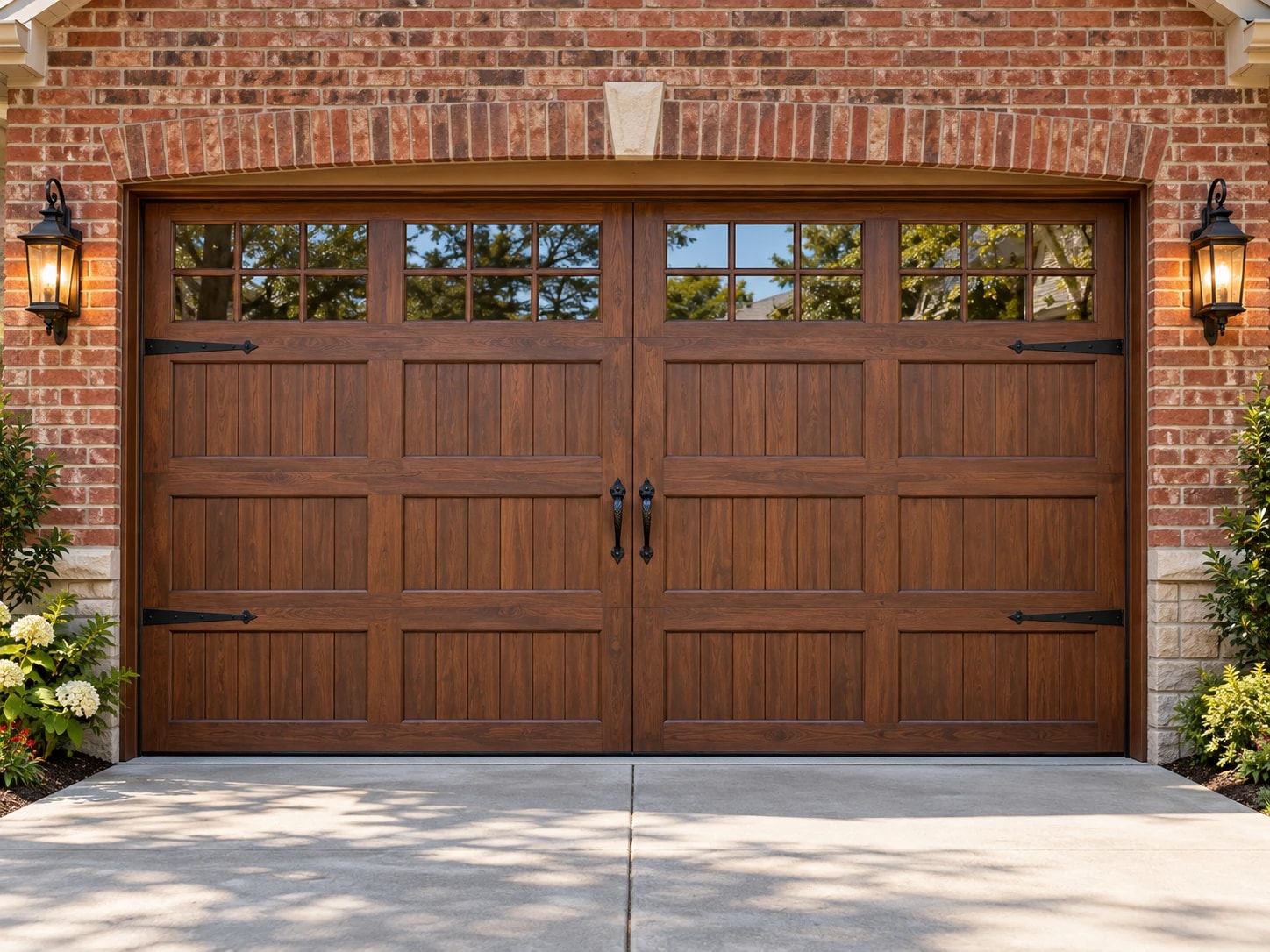 classic-door Illustrative wood-look carriage-style garage door on a brick home